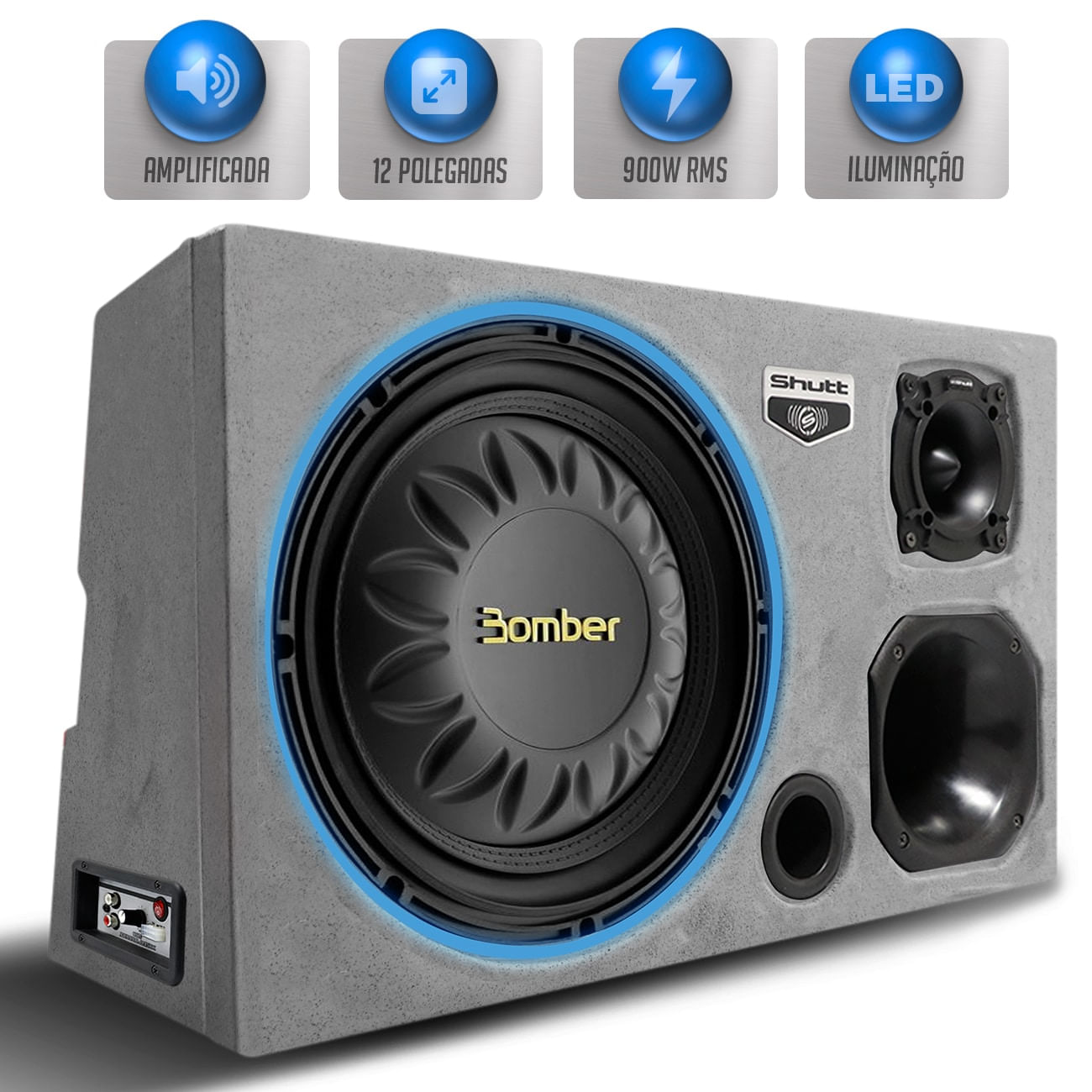 Caixa Som Trio Amplificada Pigmentada Cinza Bomber 900w RMS Subwoofer 12 Pol Slim Grave Pancadão LED