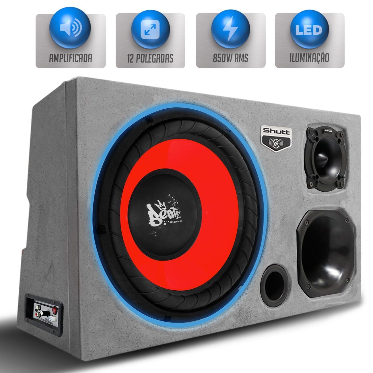 Caixa Som Trio Amplificada Pigmentada Cinza Shutt 850w RMS Subwoofer 12 Pol Beatz Toca Muito LED