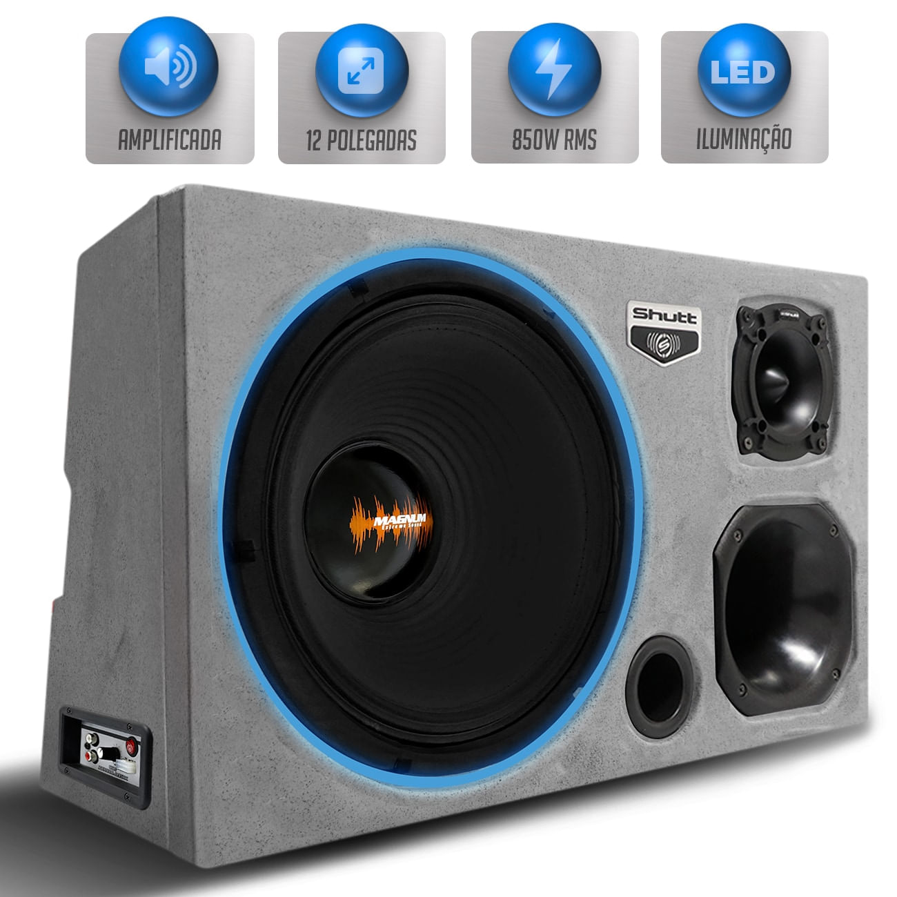 Caixa Som Trio Automotivo Pigmentada Magnum 850w RMS Woofer Magnum Extrema 12 Pol Toca Muito LED