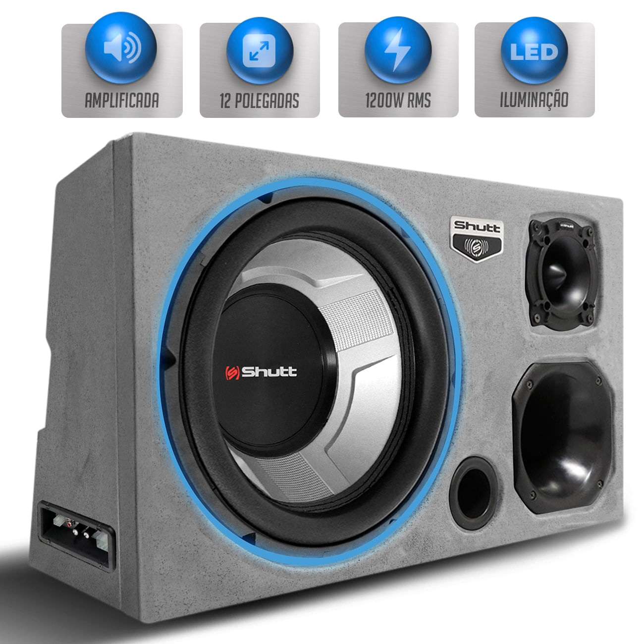 Encontraproduto.com.br - Caixa Som Trio Automotivo Amplificada Shutt Pigmentada Cinza 1200w RMS Subwoofer 4D4 12 Pol LED