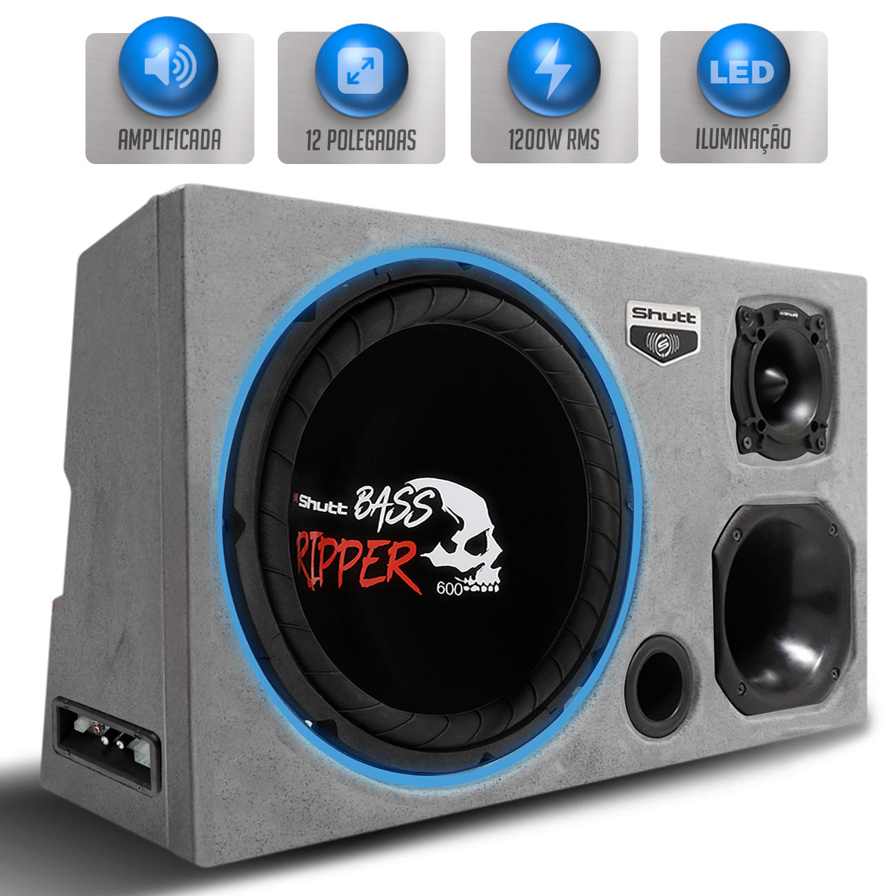 Caixa Som Trio Amplificada Pigmentada Shutt Cinza 1200w Subwoofer 12 Pol Ripper Caveira Dutada LED