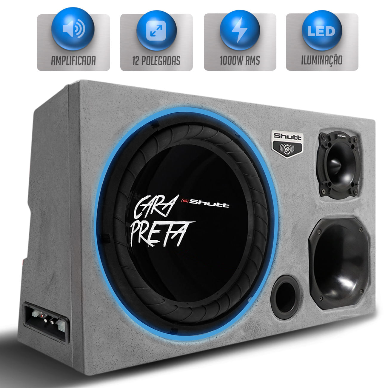 Caixa Som Trio Amplificada Pigmentada Cinza Shutt 1000w RMS Subwoofer 12 Pol Cara Preta Dutada LED