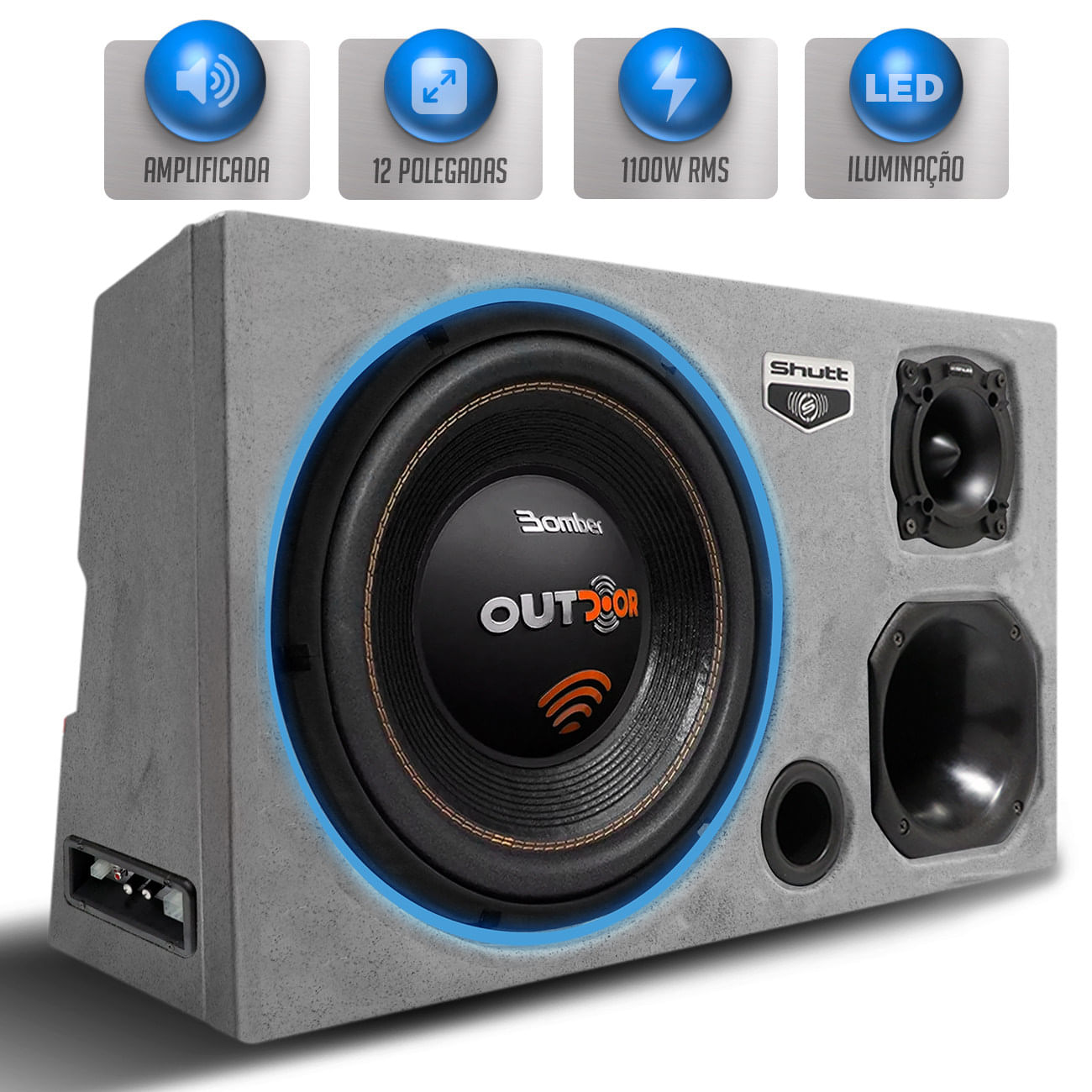 Caixa Som Trio Amplificada Pigmentada Cinza Bomber 1100w Subwoofer 12 Pol Outdoor Dutada LED