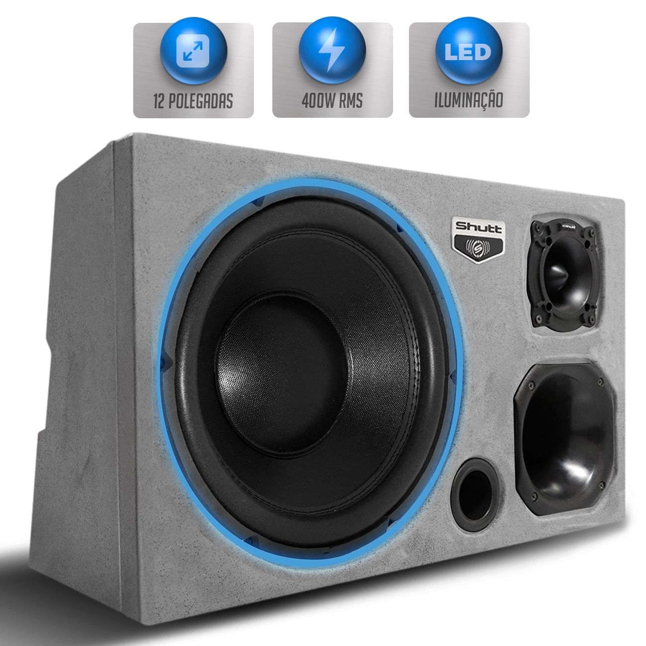 Caixa Som Trio Automotivo 400W RMS Shutt Connect 12 Polegadas Injetada Grave Forte LED