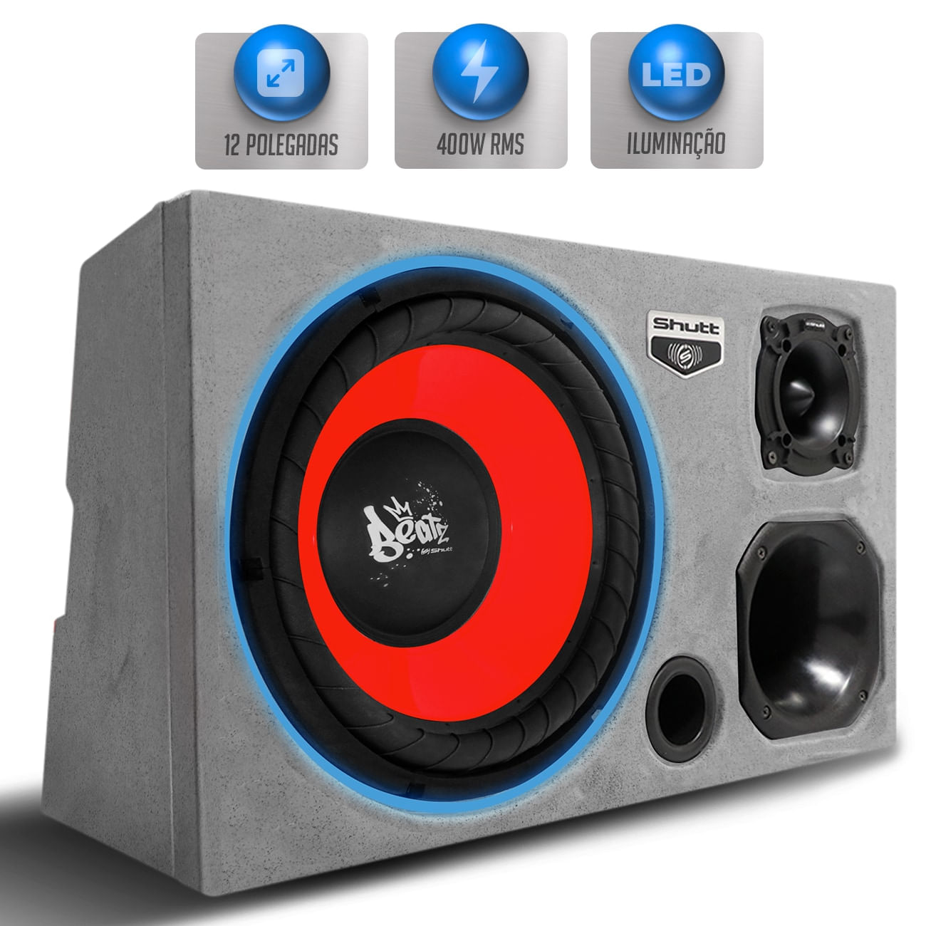 Caixa de Som Trio Automotivo 400W RMS Shutt Beatz 12 Polegadas Injetada Grave Forte LED