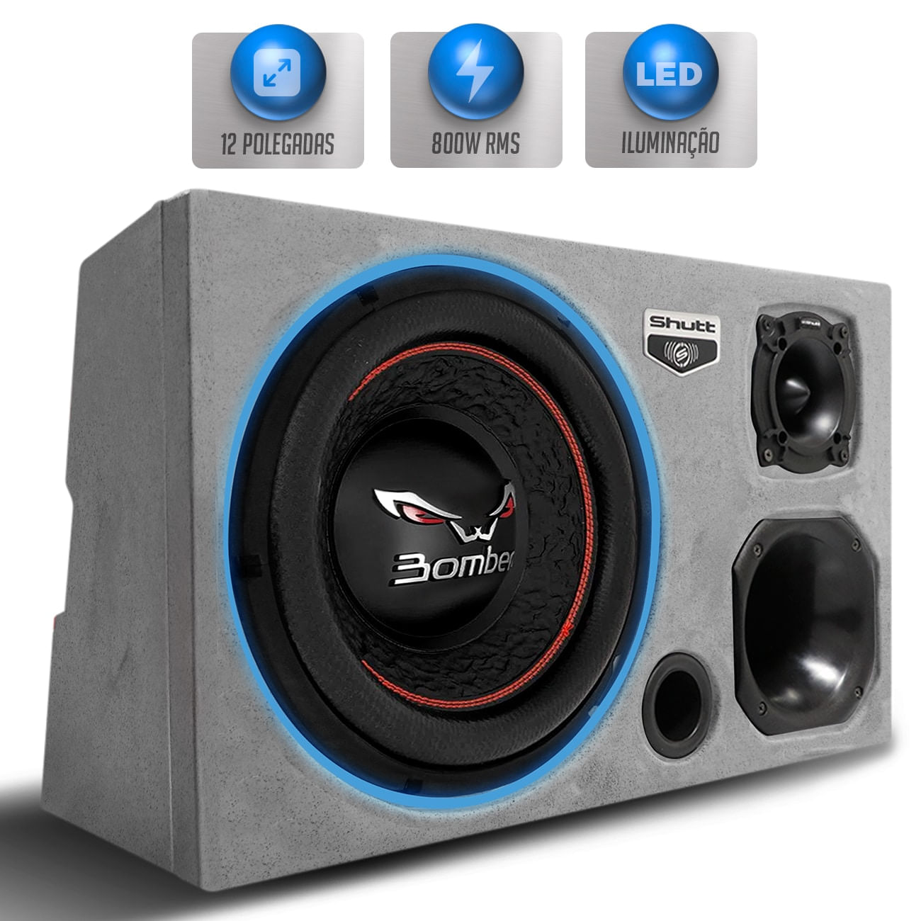 Caixa de Som Trio Automotivo 800W RMS Bomber Bicho Papão 12 Polegadas Injetada Grave Forte LED