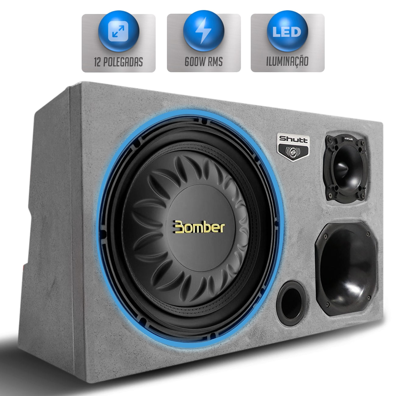 Caixa de Som Trio Automotivo 600W RMS Bomber Slim High Power 12 Polegadas Injetada Grave Forte LED