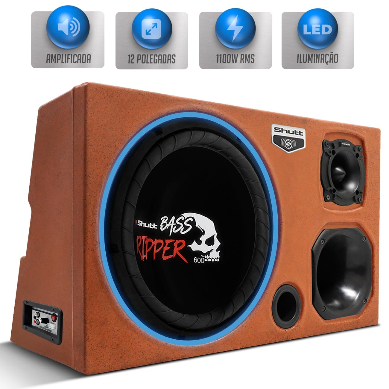 Caixa Som Trio Automotivo Amplificada 1100W RMS Subwoofer Ripper 12 Polegadas Preto LED Neon