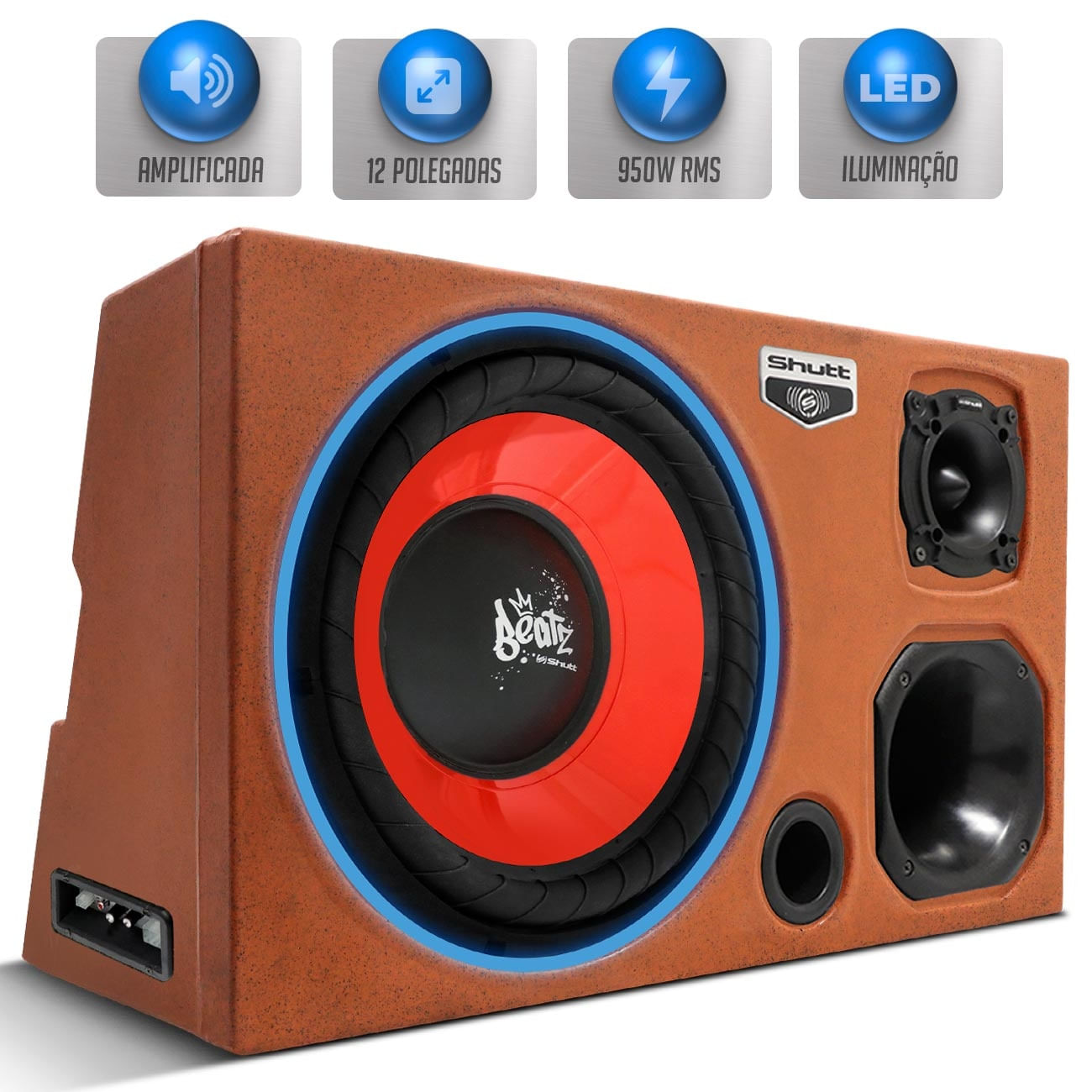 Caixa Som Trio Automotivo Amplificada 950W RMS Subwoofer Shutt Beatz 12 Pol Injetada Grave Forte LED