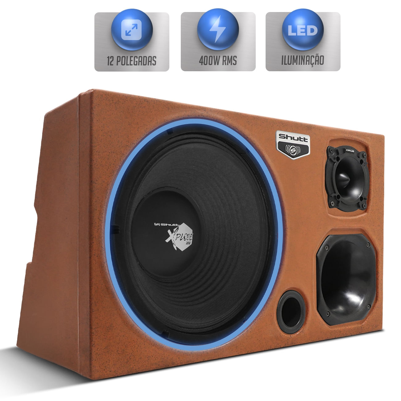 Caixa Som Trio Automotivo Shutt Pigmentada Laranja 400w RMS Woofer Xplode 12 Polegadas LED