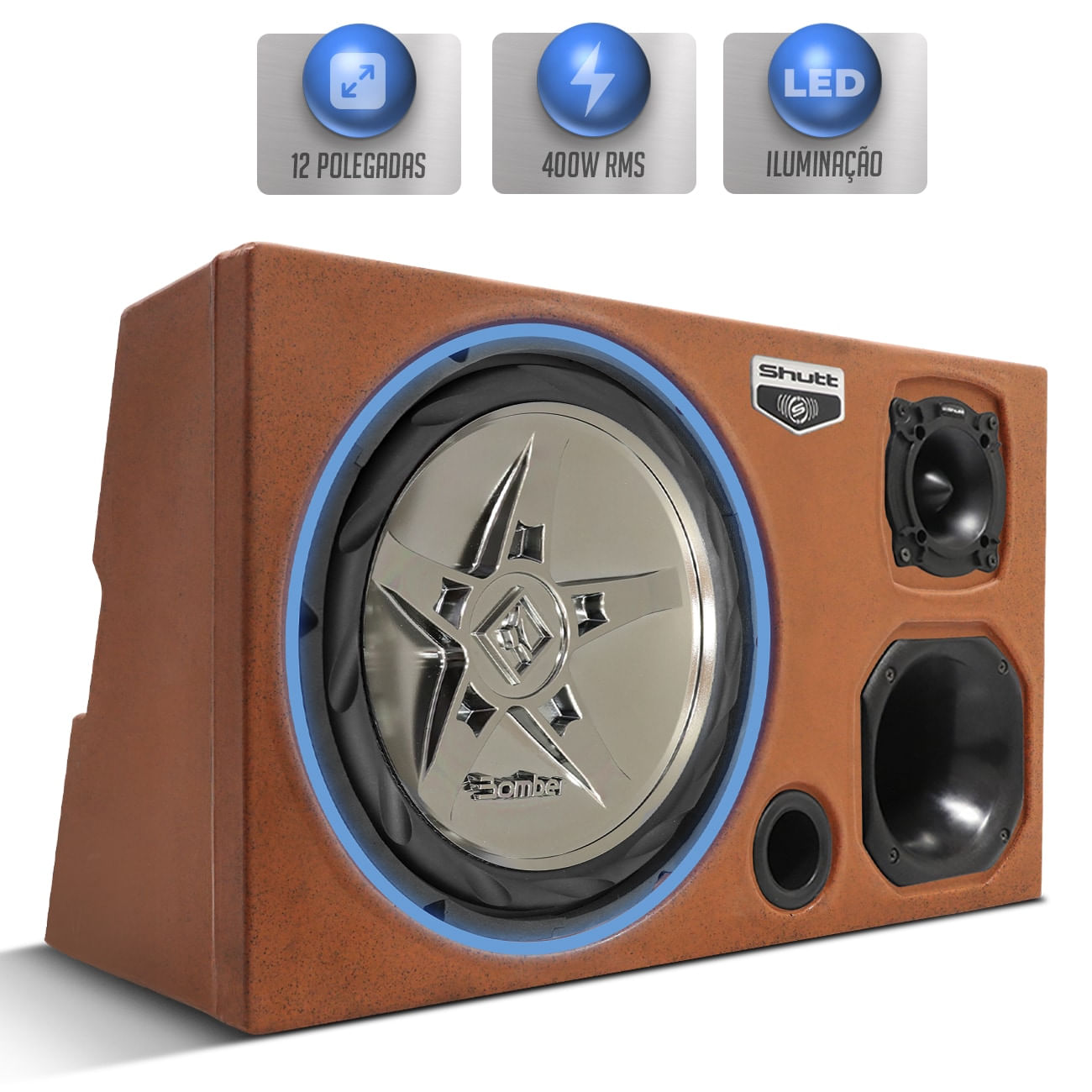 Caixa Som Trio Automotivo Bomber Pigmentada Laranja 400w RMS Subwoofer New Edge 12 Polegadas LED