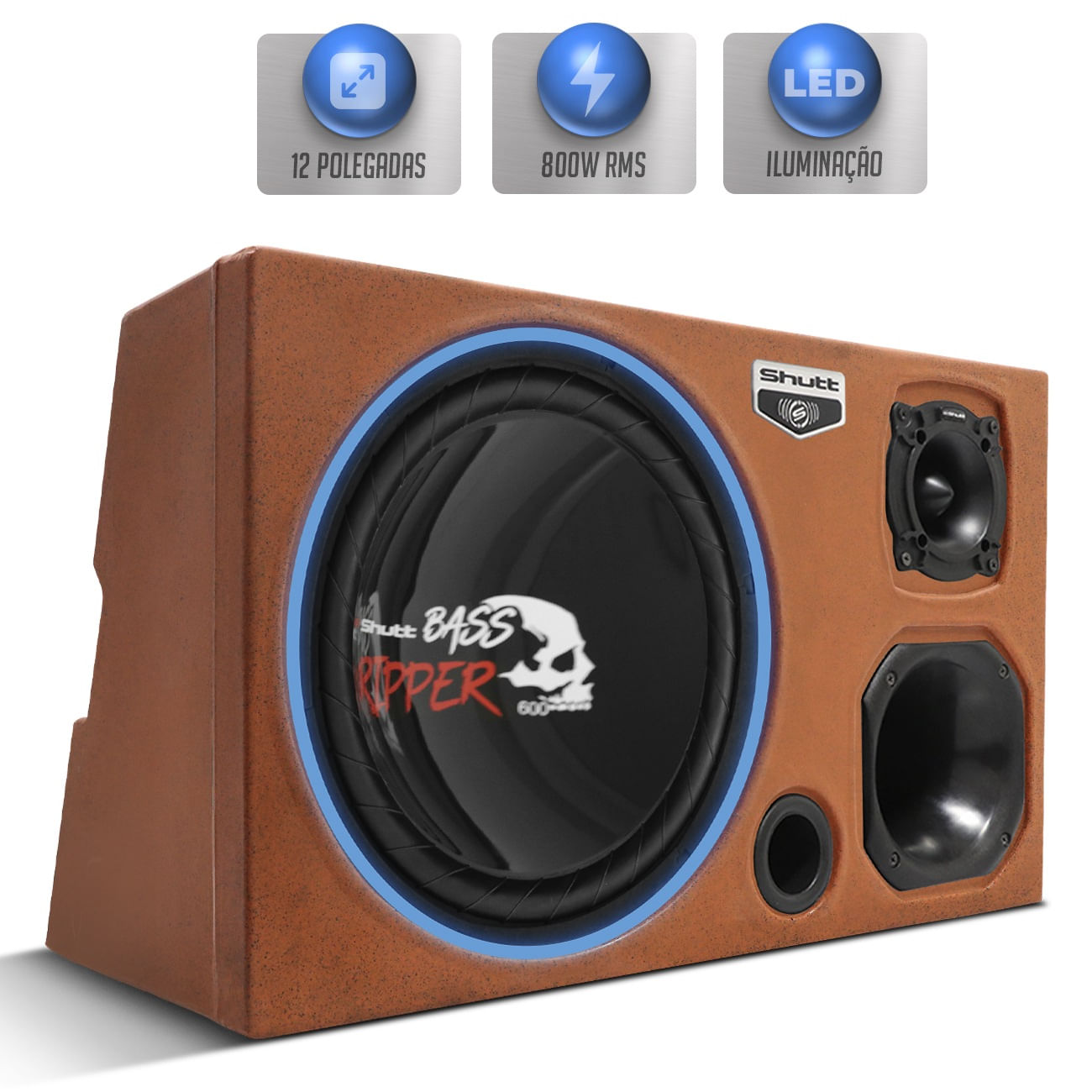 Caixa Som Trio Shutt Pigmentada Laranja 800w RMS Subwoofer 12 Pol Ripper Caveira Dutada LED
