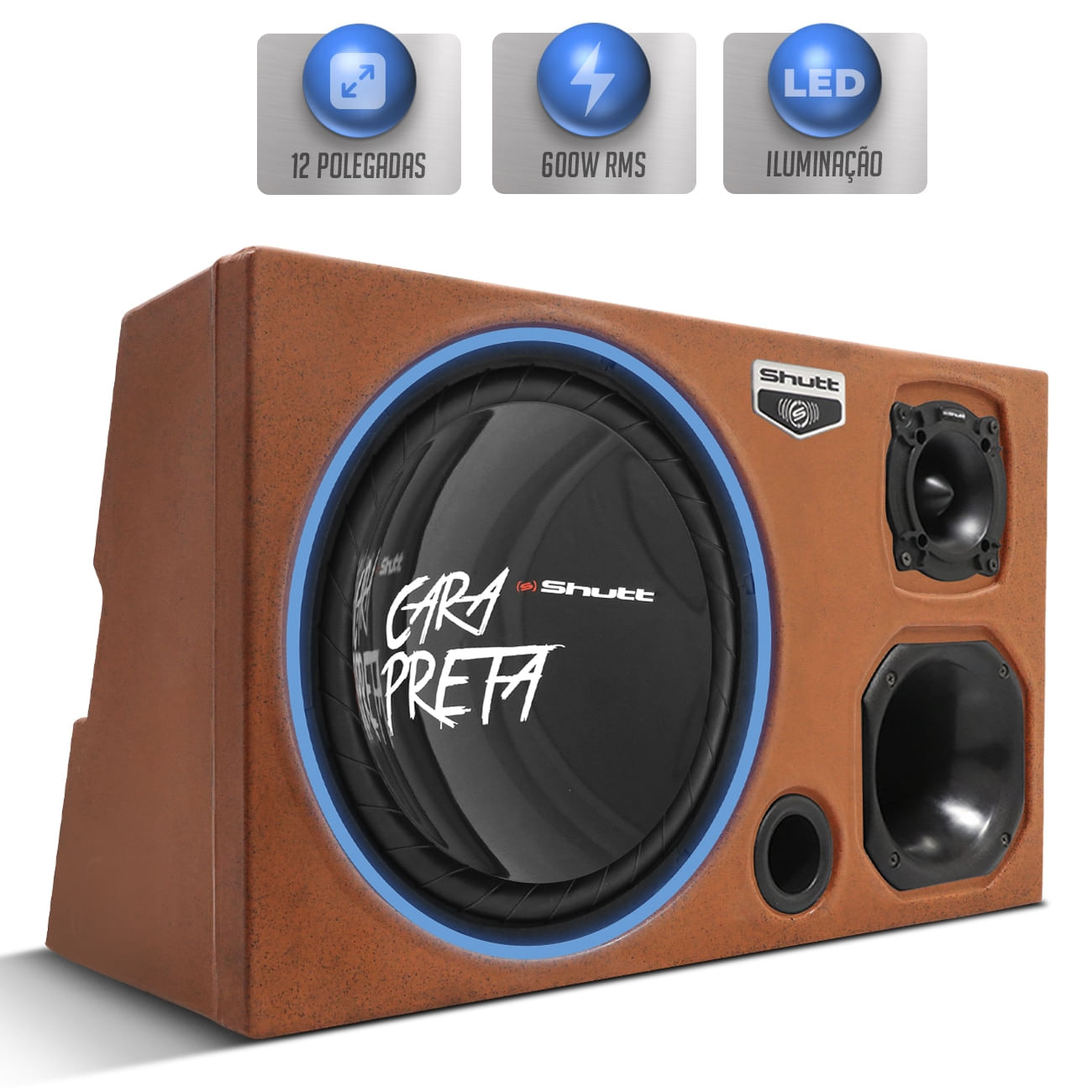 Caixa Som Trio Automotivo 600W RMS Subwoofer Shutt Cara Preta 12 Pol Injetada Grave Forte LED Neon