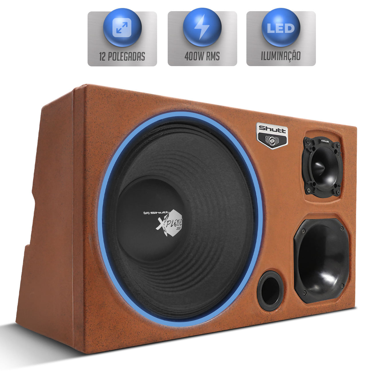 Caixa Som Trio Automotivo Pigmentada Laranja Shutt 400w RMS Woofer 12 Polegadas Xplode + Duto + LED