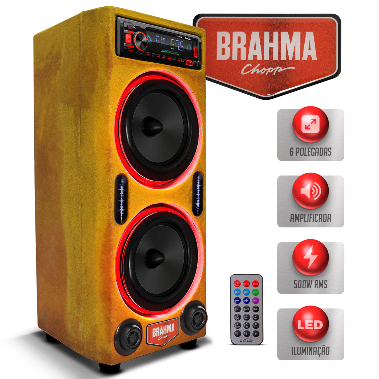 Caixa De Som Bob Residencial Shutt Brahma 500w 6 Pol + Tweeter + Player LED USB Bluetooth Bivolt