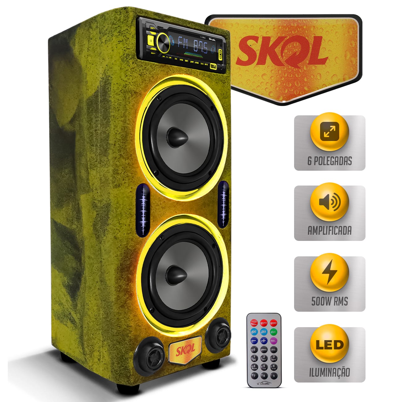 Caixa De Som Bob Residencial Skol Amplificada 500w Kit 2 Vias 6 Pol + Player Bluetooth USB LED