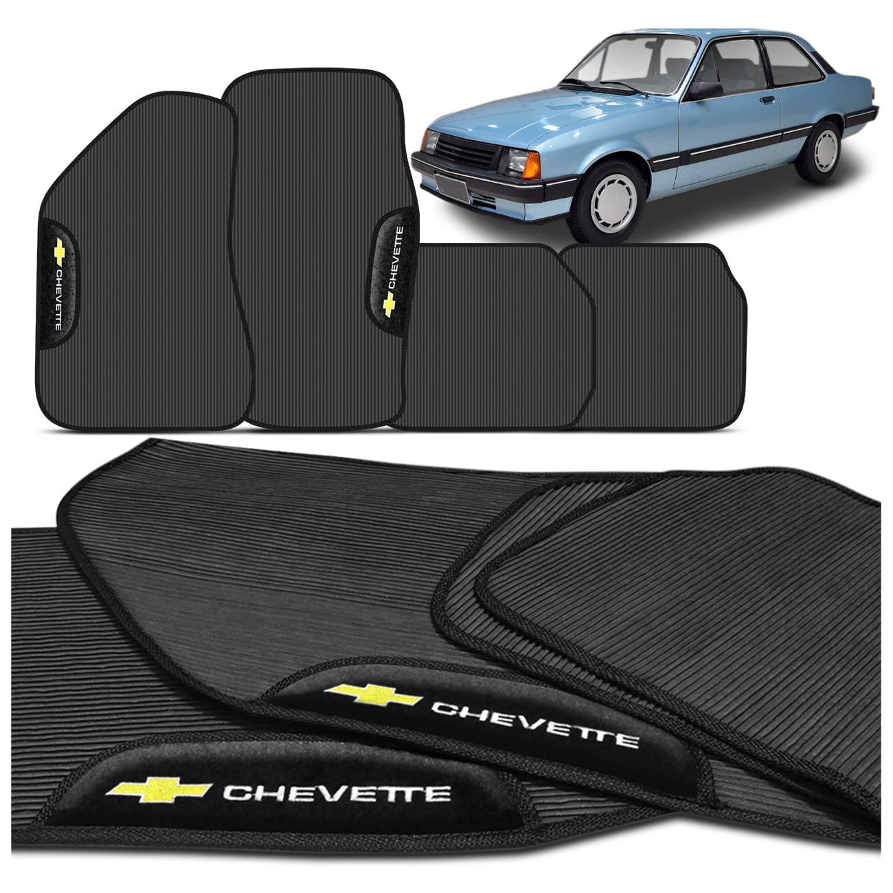 Jogo de Tapete PVC Chevette 73 a 93 Preto Bordado Concept 3D 4 Peças