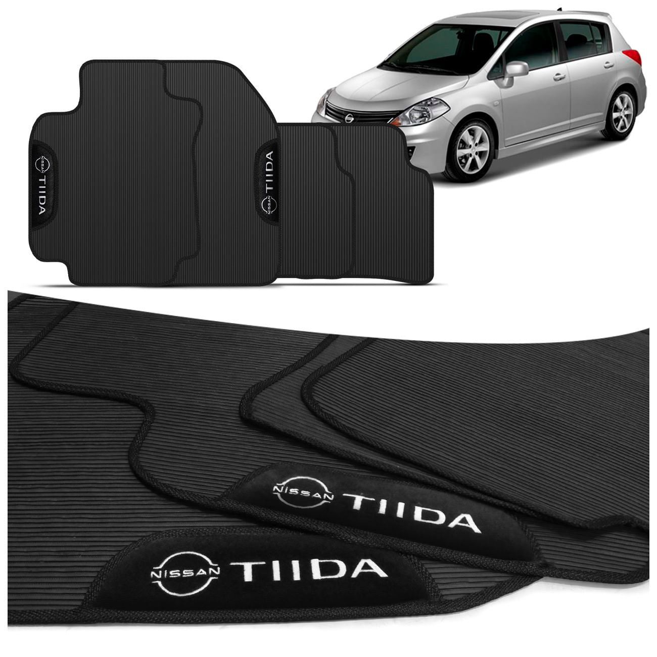 Jogo de Tapete PVC Nissan Tiida 2008 a 2013 Preto Com Logo Bordado Concept 3D 4 Peças