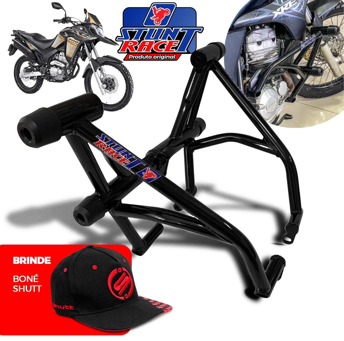 Protetor de Carenagem Motor Compatível XRE 300 2009 a 2023 Preto Stunt Race + Boné Shutt Unissex