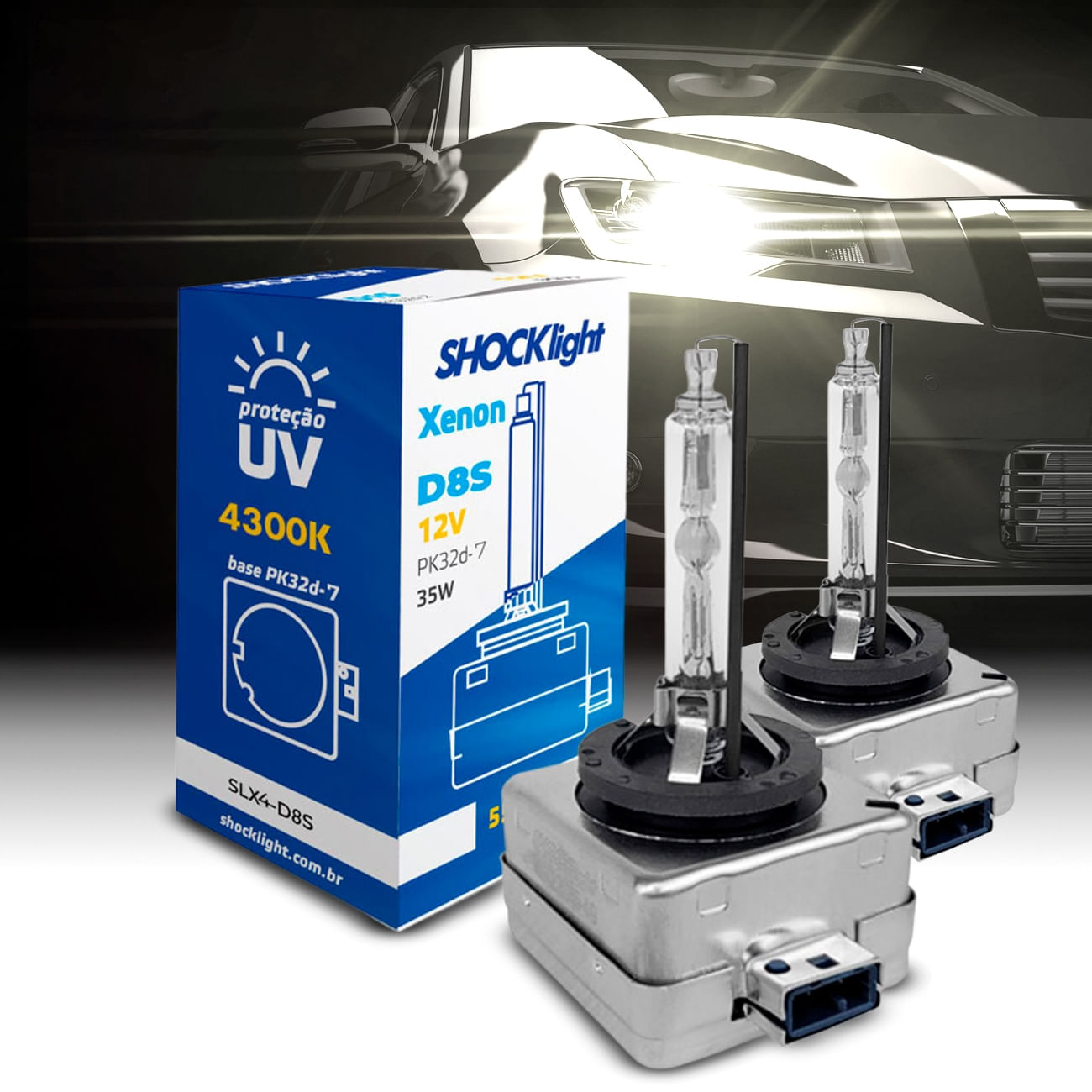 Encontraproduto.com.br - Par Lâmpada Xenon D8S 4300K 35W 12V PK32d-7 Branco Shocklight