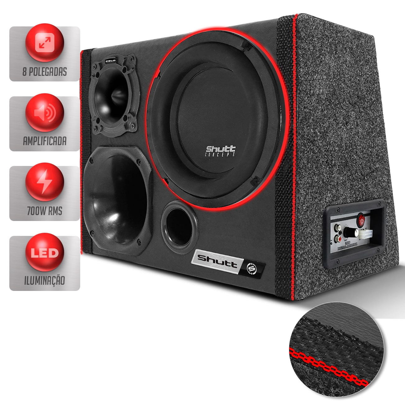 Caixa Som Trio Automotivo Amplificada Shutt 700w RMS Subwoofer Concept 8 Polegadas Grave Forte LED