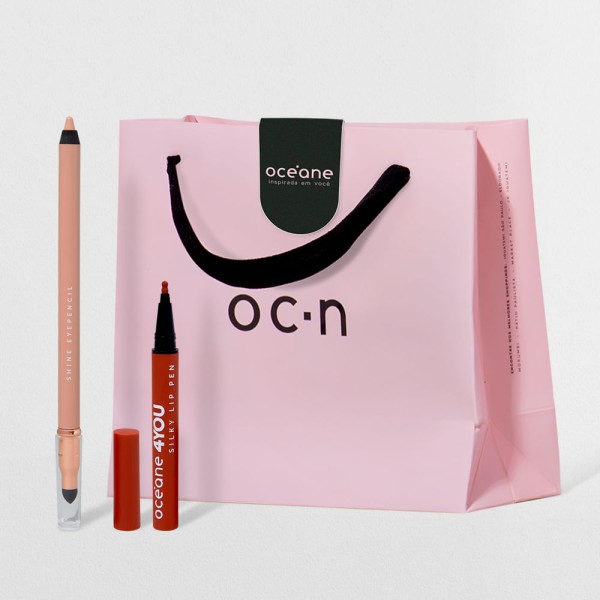 Encontraproduto.com.br - Kit Caneta Batom Nude + Lápis para Olhos Bege + Sacola de Presente Pequena Océane (3 Produtos)