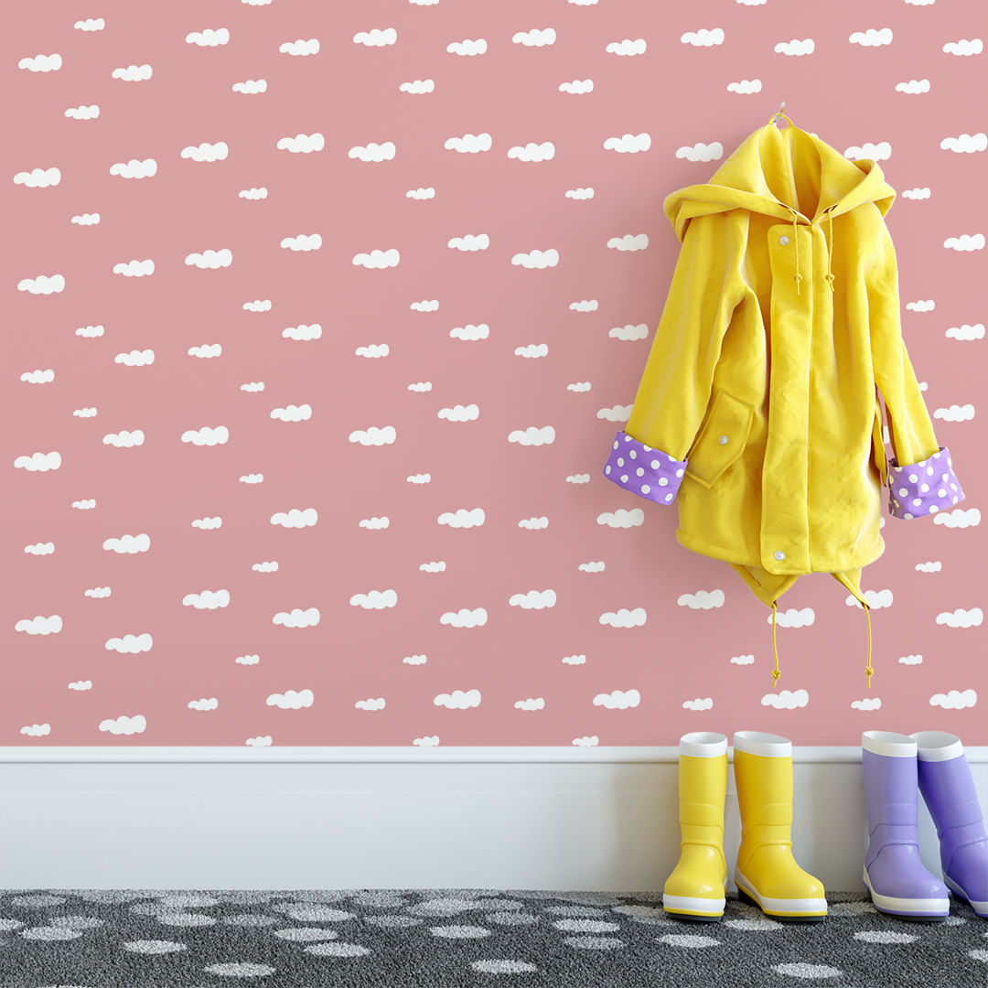 Papel de Parede Adesivo Infantil Rosa Céu com Nuvens - Medidas: 48 x 300 cm