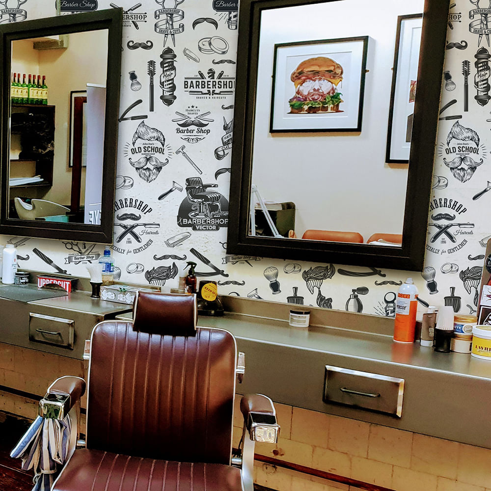 Encontraproduto.com.br - Papel de Parede Adesivo Casual Barbearia Cabeleireiro Branco e Preto - Medidas: 48 x 300 cm