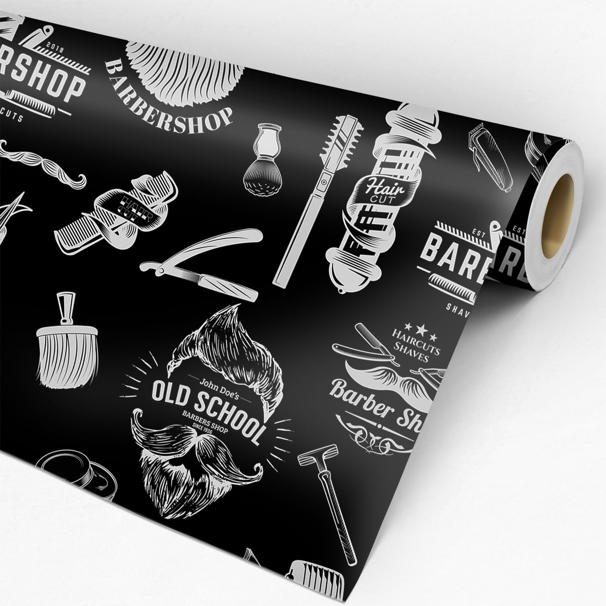Encontraproduto.com.br - Papel de Parede Adesivo Casual Barbearia Cabeleireiro Preto e Branco - Medidas: 48 x 300 cm