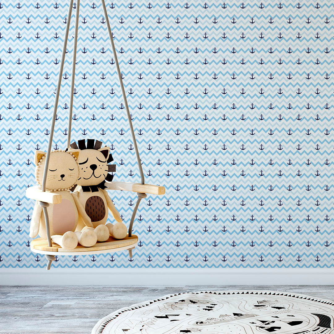 Papel de Parede Adesivo Chevron Azul e Branco com Âncoras - Medidas: 48 x 300 cm