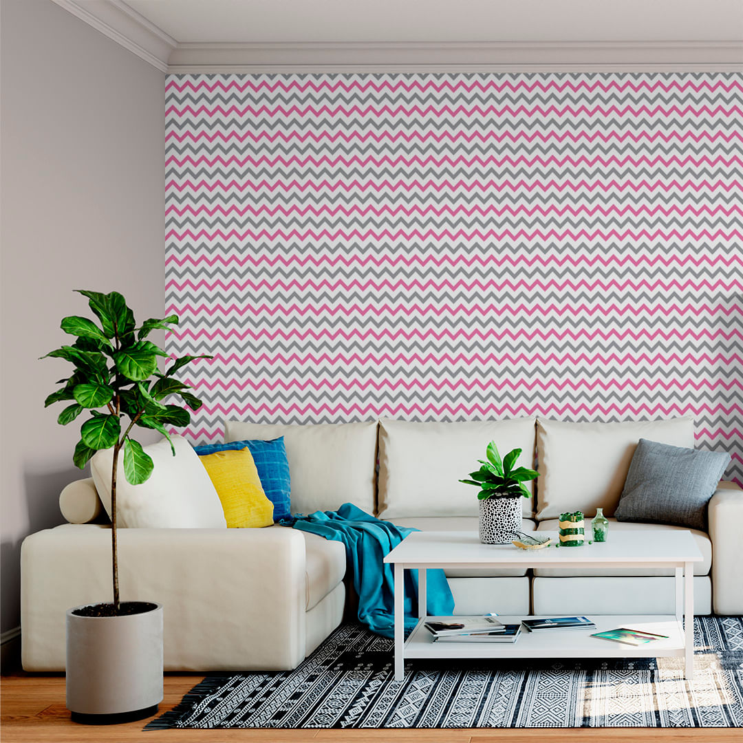 Papel de Parede Adesivo Chevron Rosa e Cinza - Medidas: 48 x 300 cm