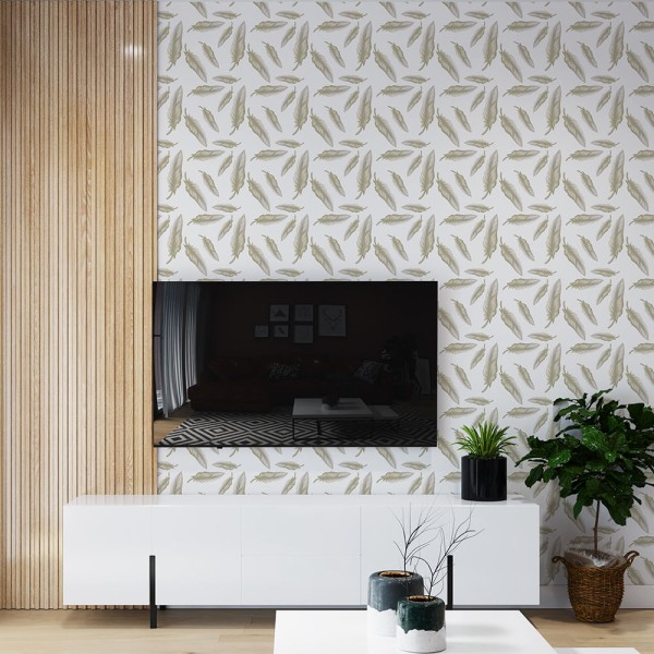 Encontraproduto.com.br - Papel de Parede Adesivo Floral Branco Penas - Medidas: 48 x 300 cm