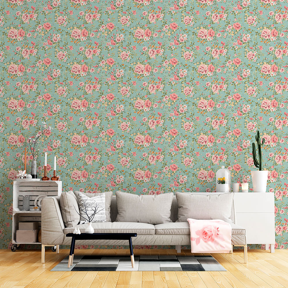 Encontraproduto.com.br - Papel de Parede Adesivo Floral Verde e Rosa - Medidas: 48 x 300 cm