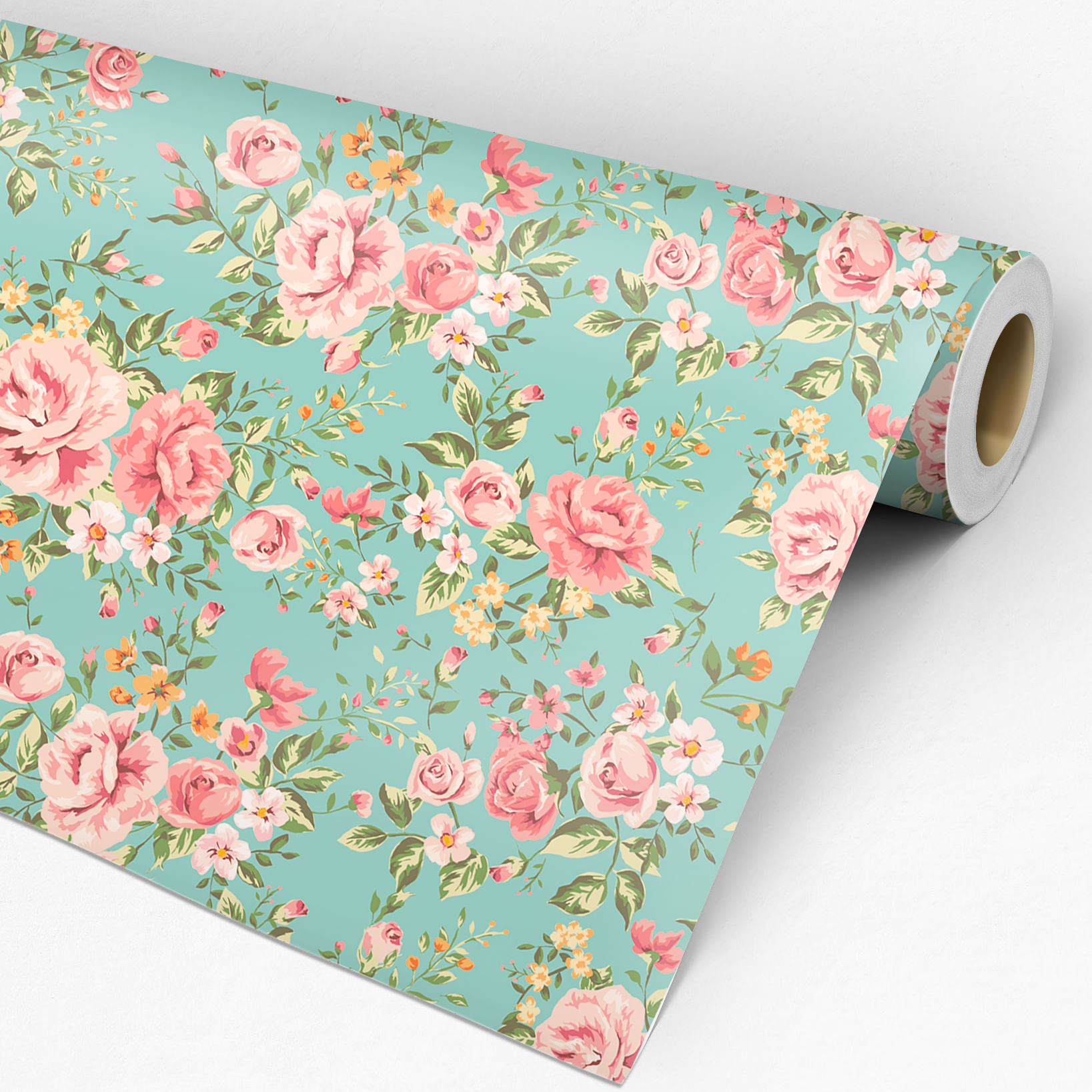 Encontraproduto.com.br - Papel de Parede Adesivo Floral Verde e Rosa - Medidas: 48 x 300 cm