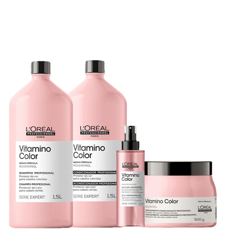 Kit LOréal Professionnel Serie Expert Vitamino Color Resveratrol Duo 1,5L + Máscara 500g + Leave-In 190ml (4 Produtos)