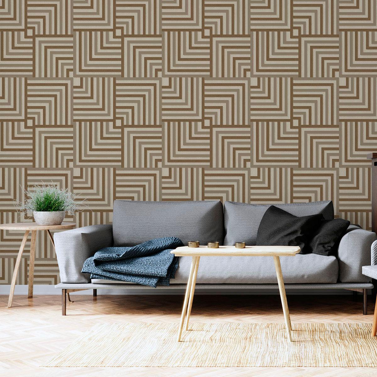 Papel de Parede Adesivo Geométrico Marrom Quadrados Listrados - Medidas: 48 x 300 cm