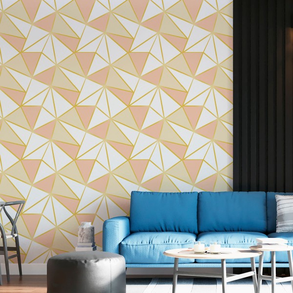 Encontraproduto.com.br - Papel de Parede Adesivo Geométrico Triângulos Zara Coral e Dourado - Medidas: 48 x 300 cm