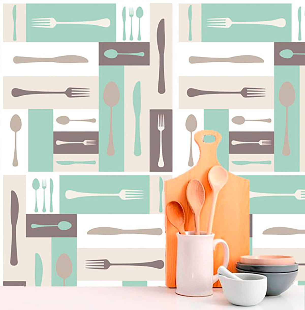Encontraproduto.com.br - Papel de Parede Adesivo Gourmet Restaurante Garfo Colher Faca Verde - Medidas: 48 x 300 cm