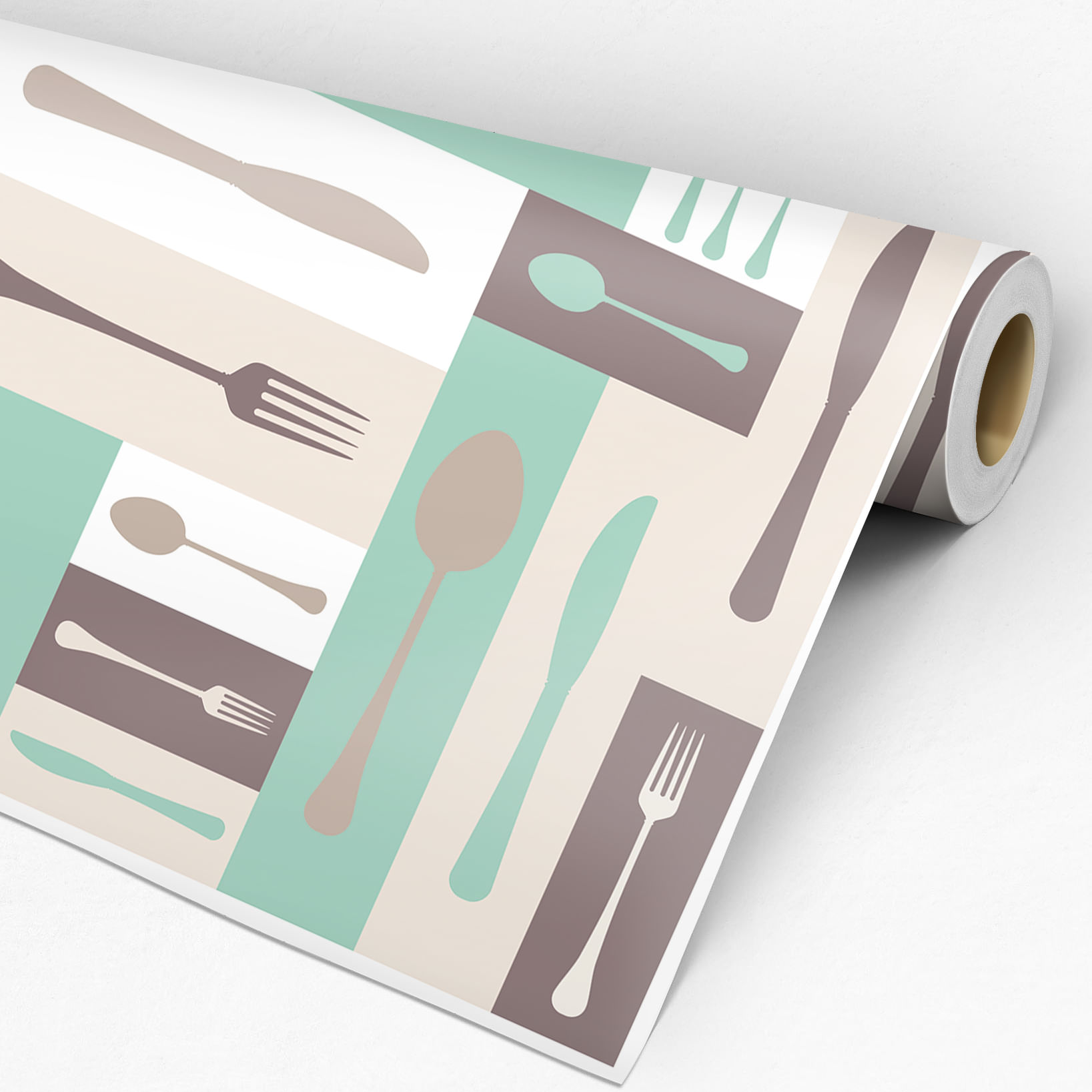 Encontraproduto.com.br - Papel de Parede Adesivo Gourmet Restaurante Garfo Colher Faca Verde - Medidas: 48 x 300 cm