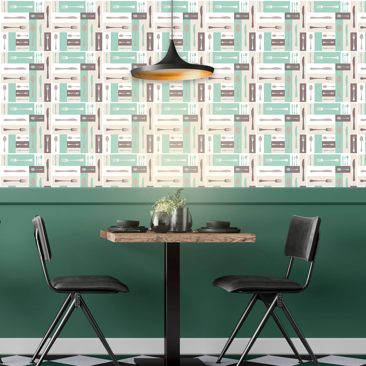 Encontraproduto.com.br - Papel de Parede Adesivo Gourmet Restaurante Garfo Colher Faca Verde - Medidas: 48 x 300 cm