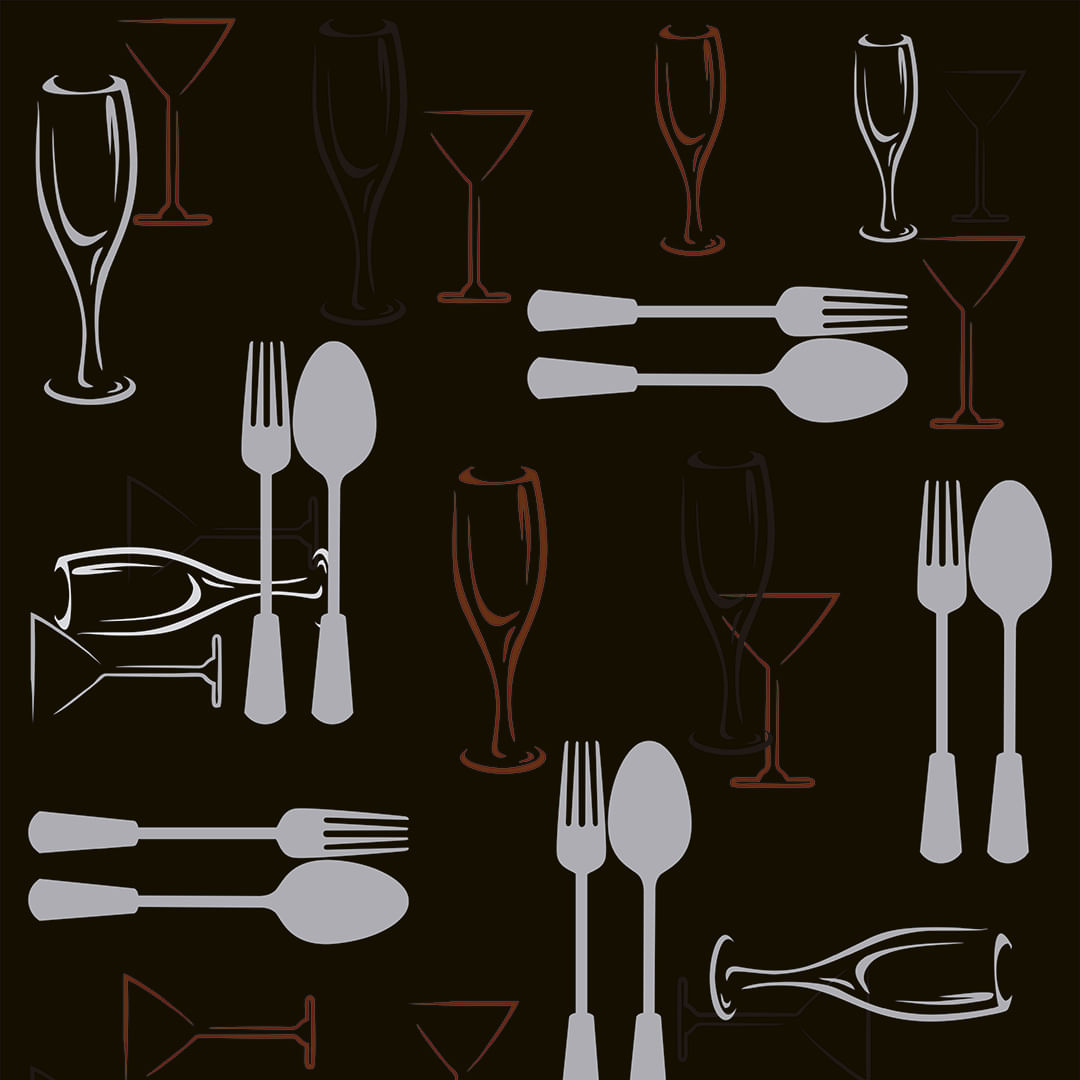 Encontraproduto.com.br - Papel de Parede Adesivo Gourmet Talheres e Taças Preto - Medidas: 48 x 300 cm