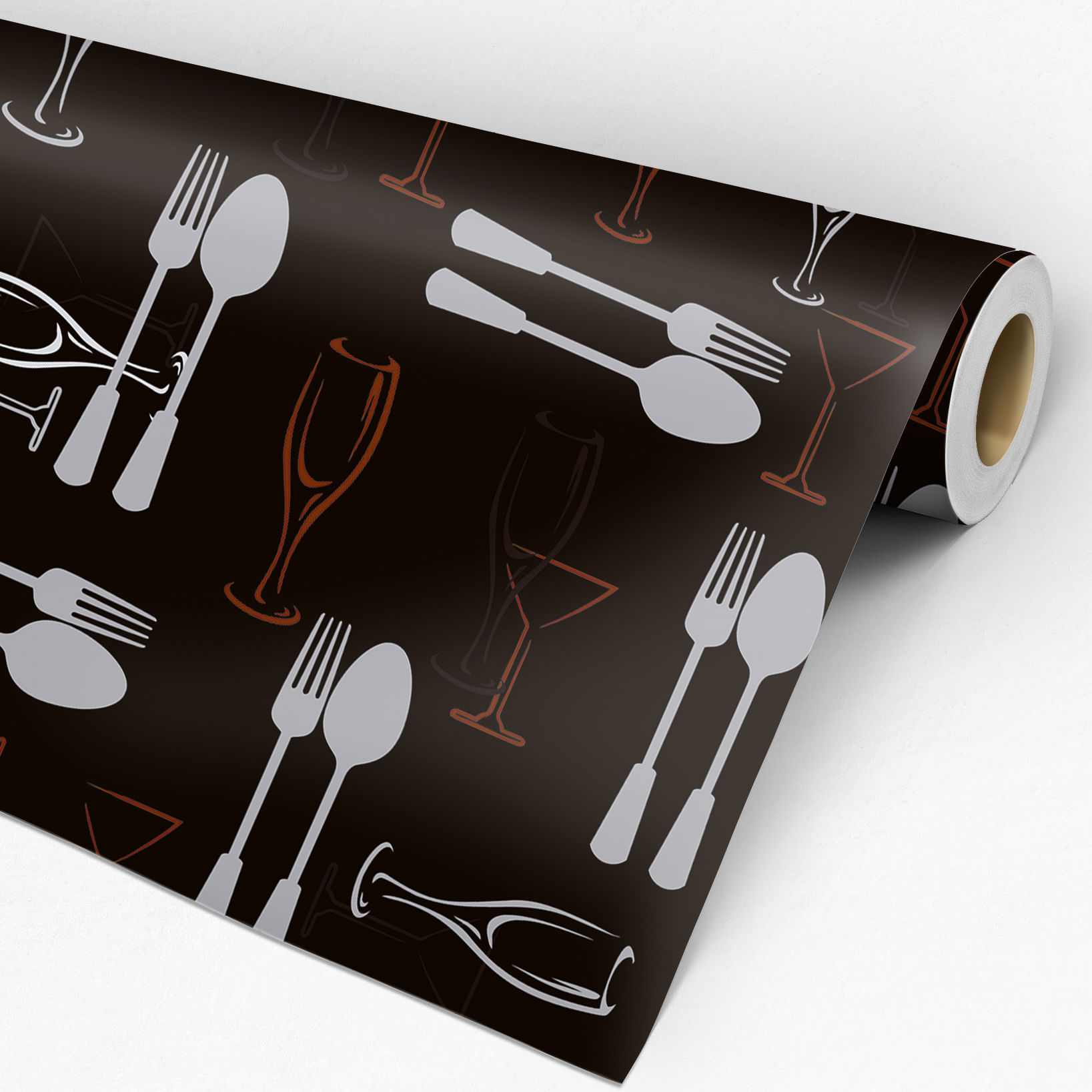 Encontraproduto.com.br - Papel de Parede Adesivo Gourmet Talheres e Taças Preto - Medidas: 48 x 300 cm