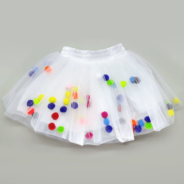 Saia De Tule Branca Pompom Colorido