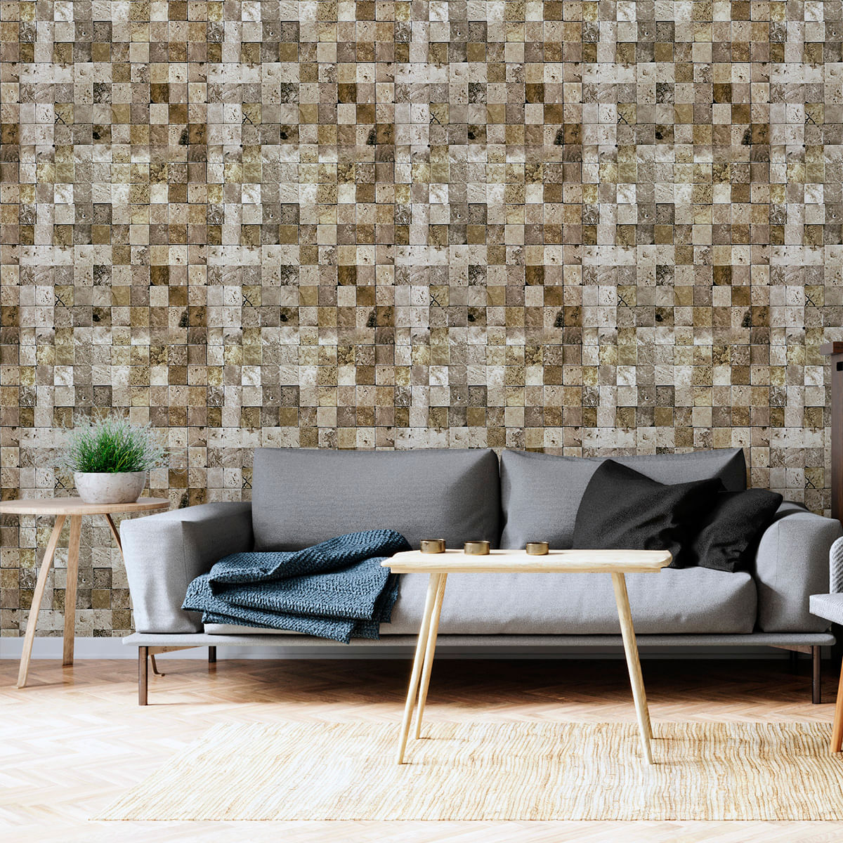Papel de Parede Adesivo Pedra Bege Ladrilho Grid - Medidas: 48 x 300 cm