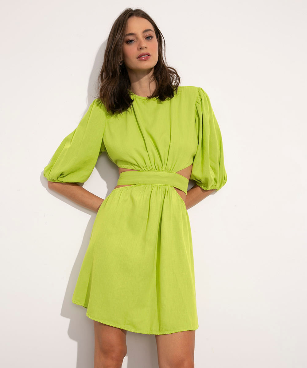 Encontraproduto.com.br - Vestido Manga Bufante Cut Out Amarração MINDSET