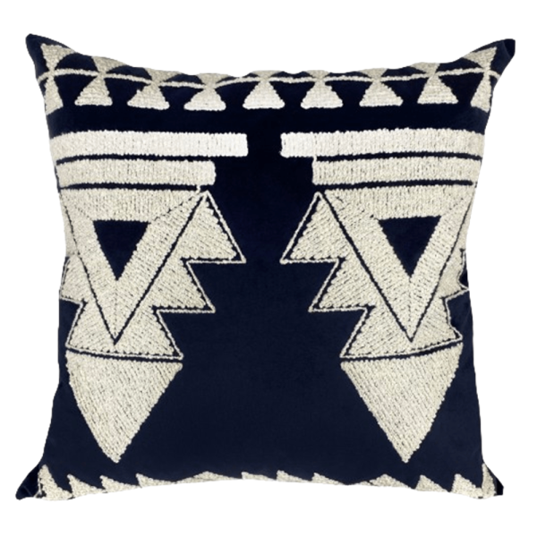 Almofada De Veludo Azul Marinho E Branco Bordado África 52Cm - Decortextil