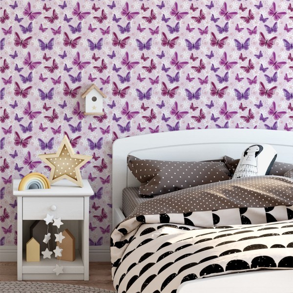 Papel de Parede Adesivo Teens Rosa e Roxo Borboletas - Medidas: 48 x 300 cm