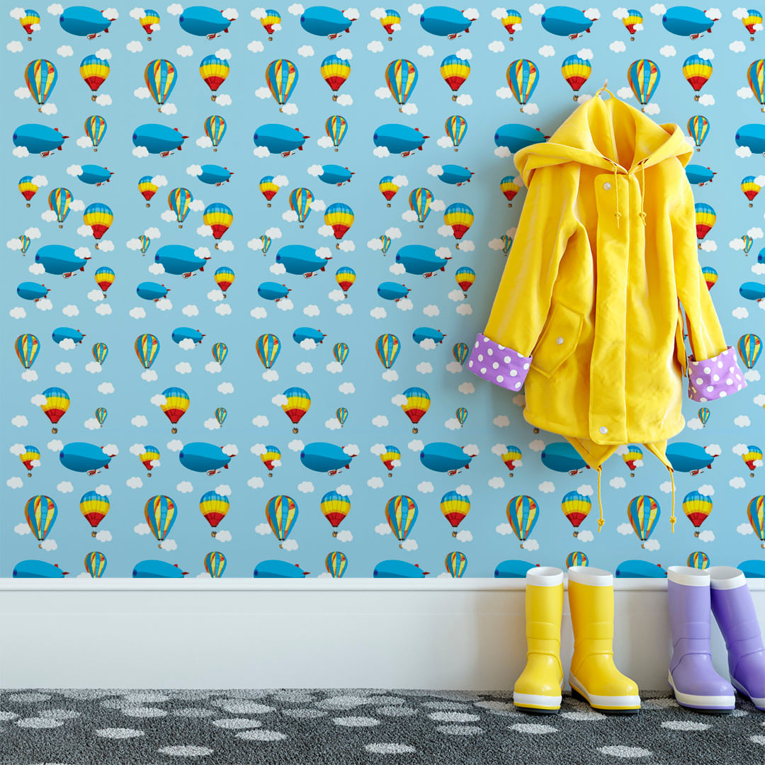 Encontraproduto.com.br - Papel de Parede Adesivo Infantil Azul Balão Avião Dirigível - Medidas: 48 x 300 cm