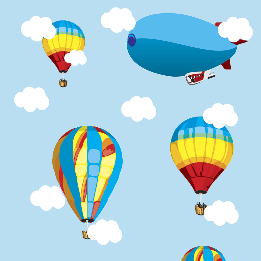 Encontraproduto.com.br - Papel de Parede Adesivo Infantil Azul Balão Avião Dirigível - Medidas: 48 x 300 cm