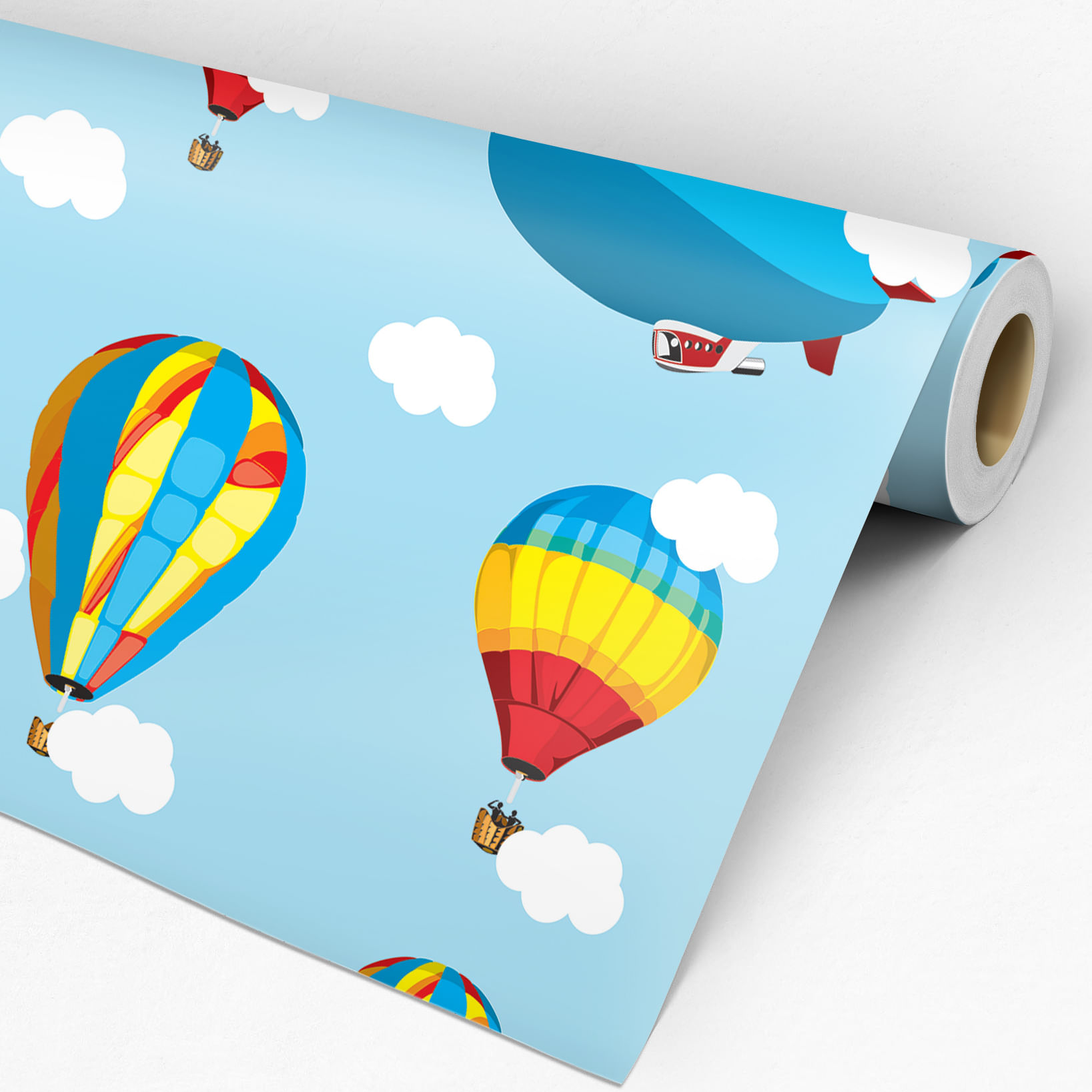 Encontraproduto.com.br - Papel de Parede Adesivo Infantil Azul Balão Avião Dirigível - Medidas: 48 x 300 cm